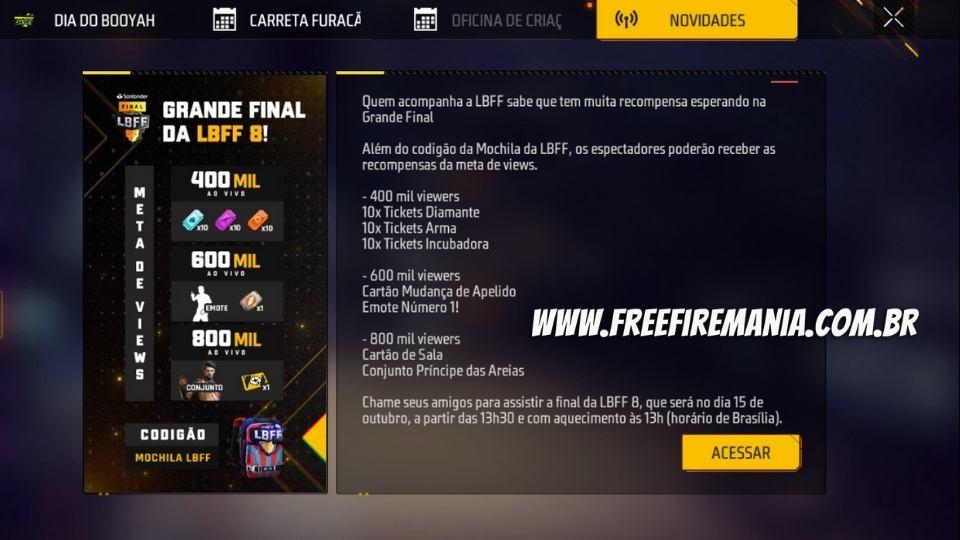 CODIGUIN Infinito Free Fire: CODIGÃO Mochila da LBFF 8; Como Pegar